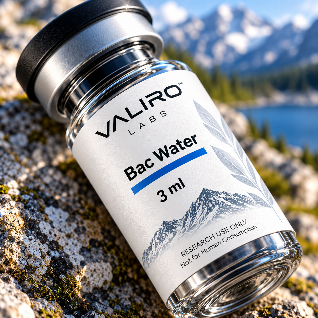 Valiro Labs BAC Water 3ml vial close-up with mountain background