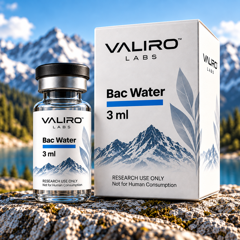 Valiro Labs BAC Water 3ml vial and packaging with mountain background