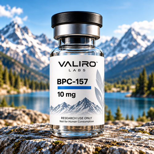 Valiro Labs BPC-157 10mg research compound vial with mountain background