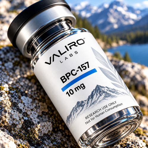 Valiro Labs BPC-157 10mg research compound vial close-up with mountain background