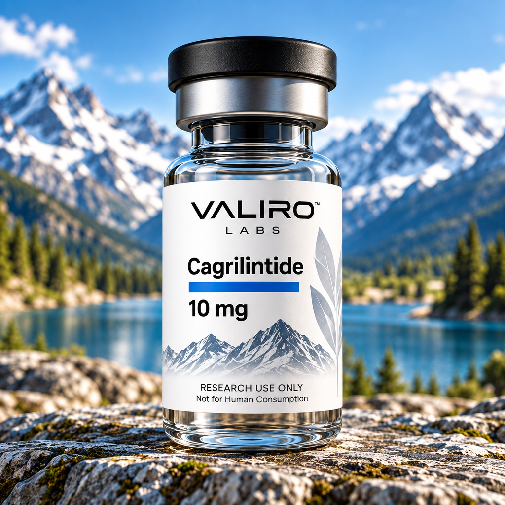 Valiro Labs Cagrilintide 10mg research compound vial with mountain background