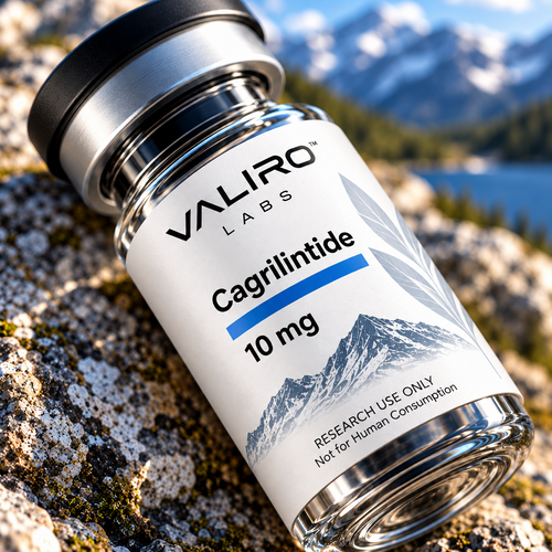 Valiro Labs Cagrilintide 10mg research compound vial close-up with mountain background