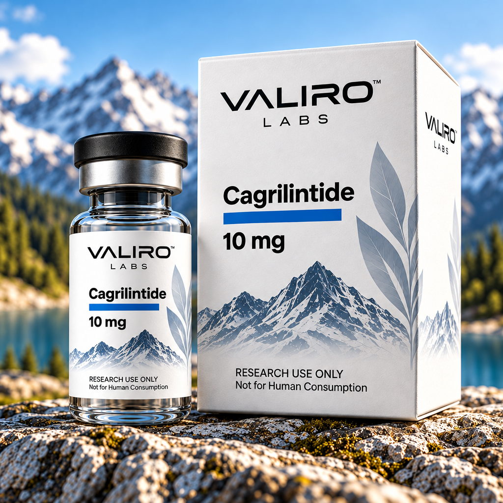 Valiro Labs Cagrilintide 10mg research compound vial and packaging with mountain background