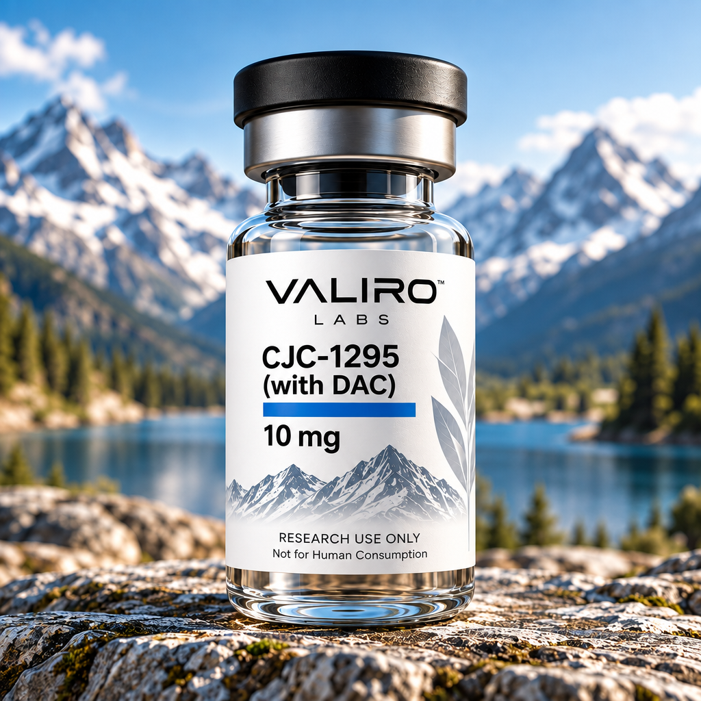 Valiro Labs CJC-1295 with DAC 10mg research compound vial with mountain background