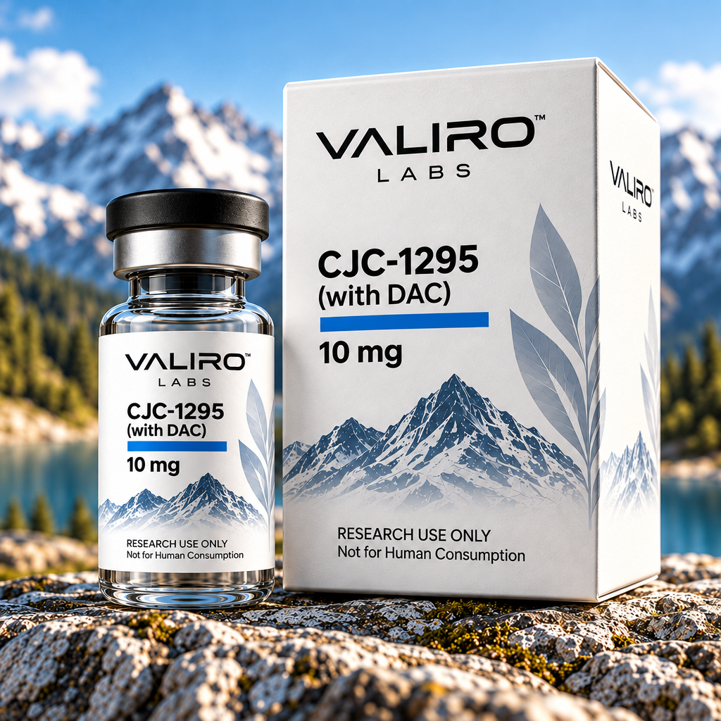Valiro Labs CJC-1295 with DAC 10mg research compound vial and packaging with mountain background