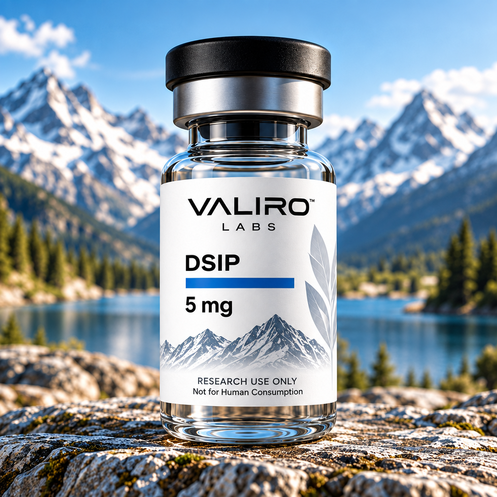 Valiro Labs DSIP 5mg research compound vial with mountain background