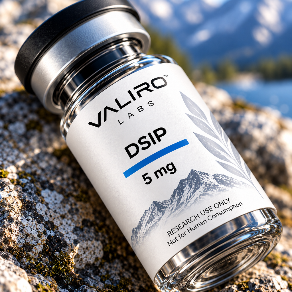 Valiro Labs DSIP 5mg research compound vial close-up with mountain background