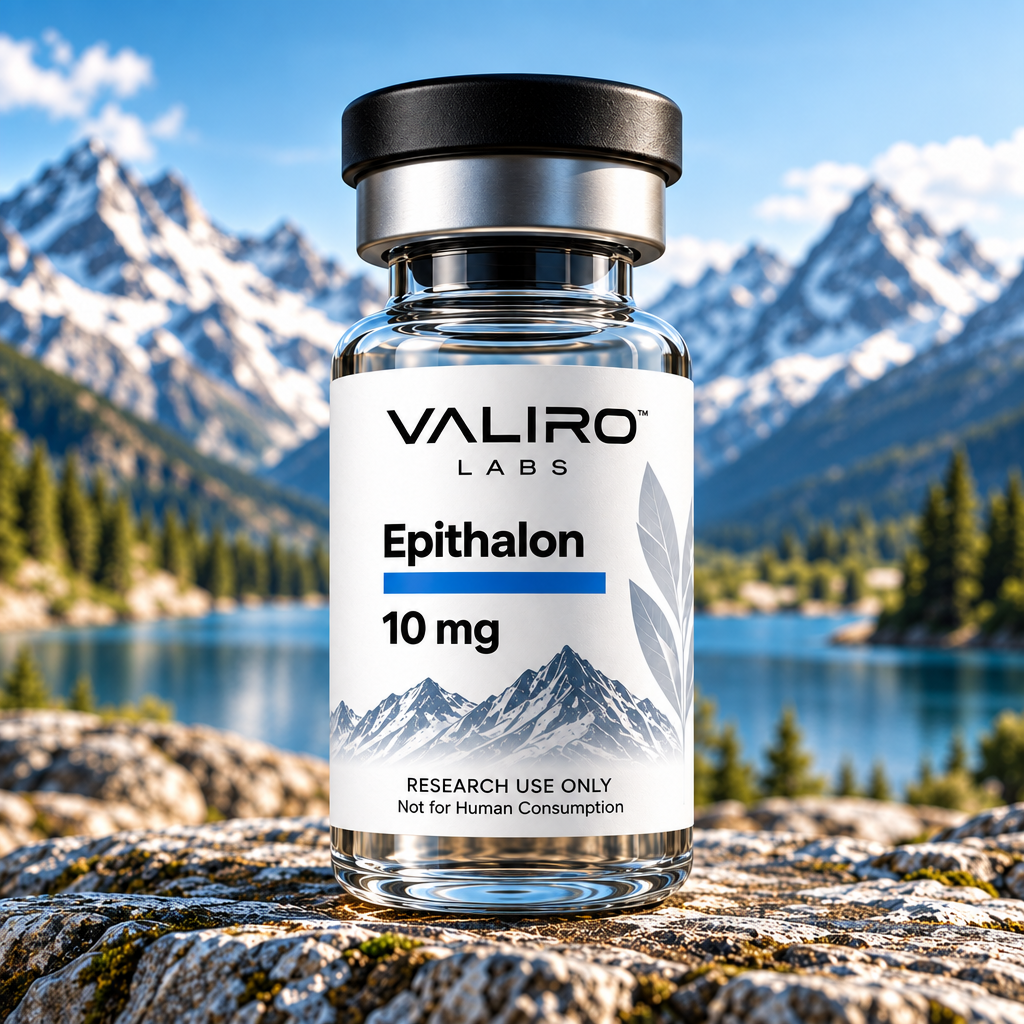 Valiro Labs Epithalon 10mg research compound vial with mountain background