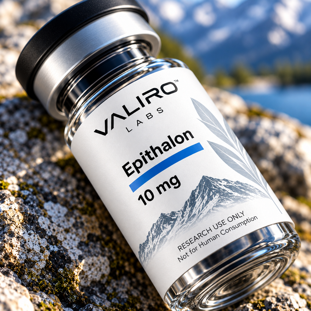 Valiro Labs Epithalon 10mg research compound vial close-up with mountain background