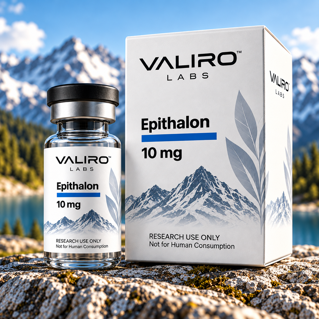 Valiro Labs Epithalon 10mg research compound vial and packaging with mountain background