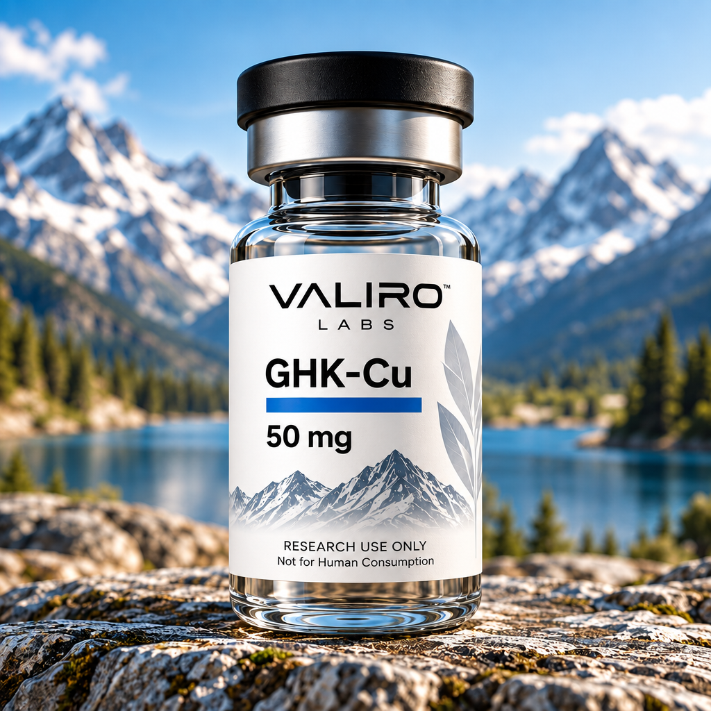 Valiro Labs GHK-Cu 50mg research compound vial with mountain background