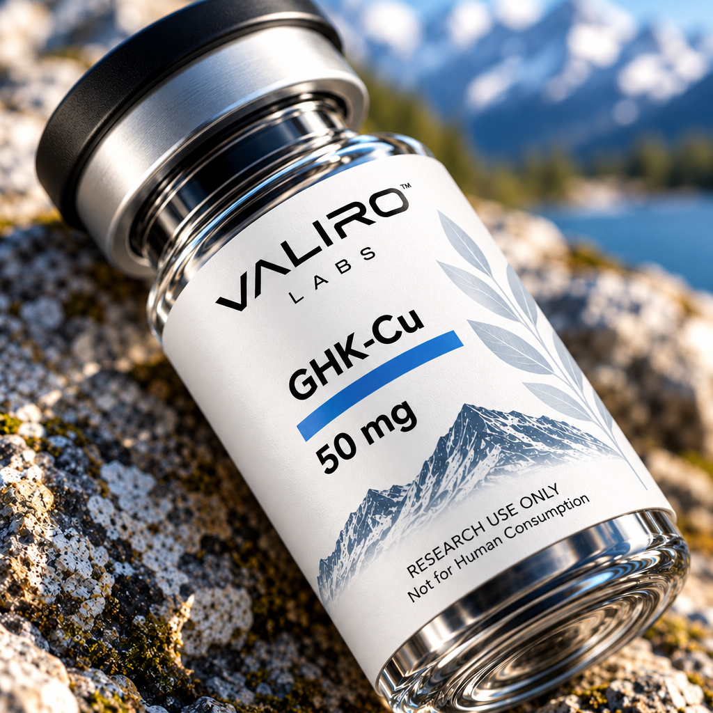 Valiro Labs GHK-Cu 50mg research compound vial close-up with mountain background
